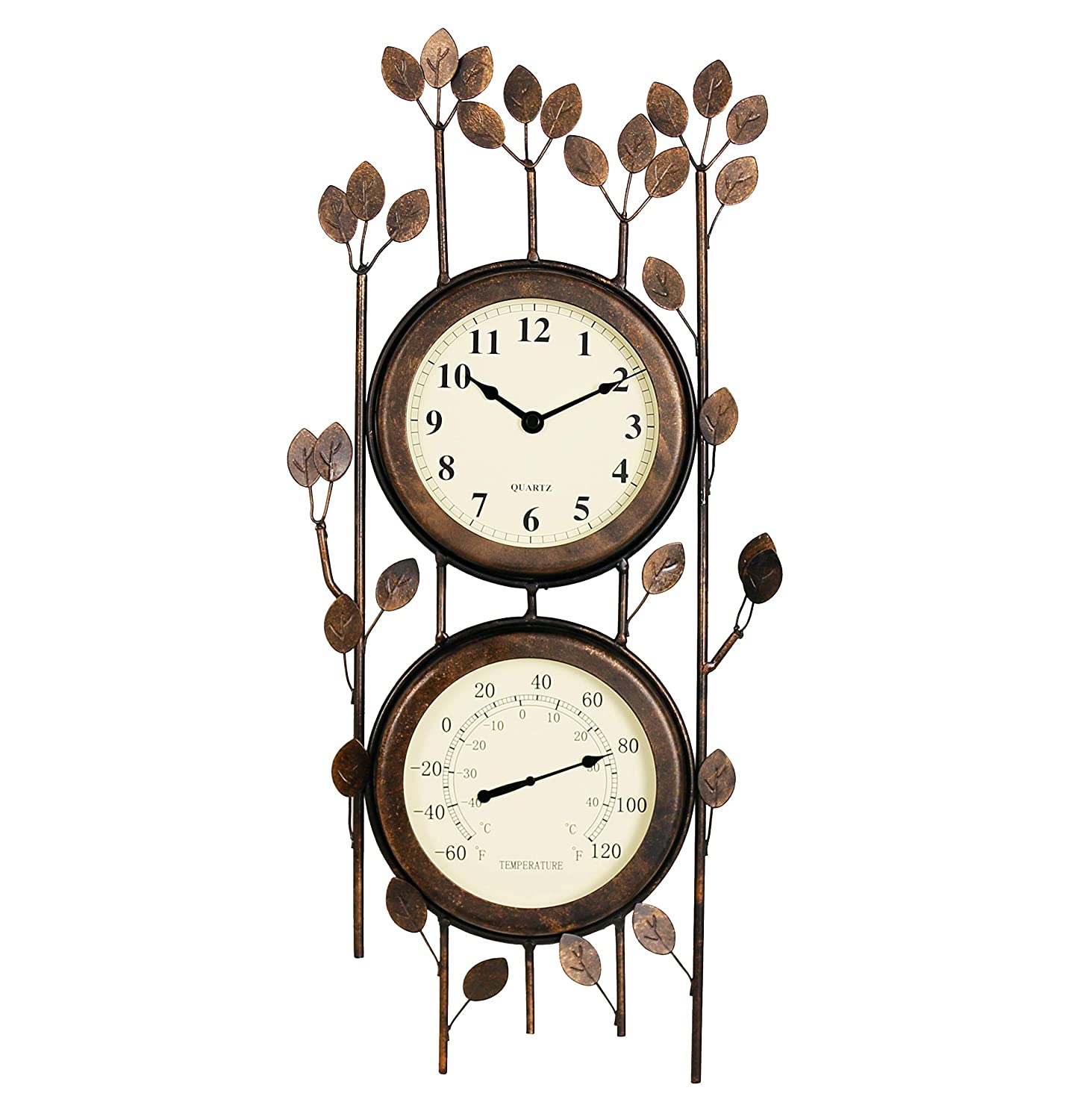 image of Combo Metal Wall Clock and Thermometer Wrought Iron with Leaf Design